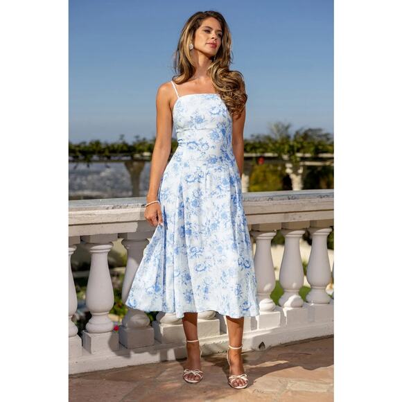 Cupshe x Kelsey Anderson Blue White Floral Midi Dress Sundress SZ Small - Picture 1 of 14